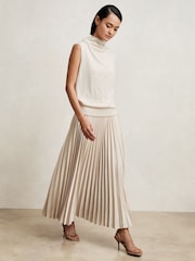 Reiss Champagne Neutral Seren Pleated Midi Skirt - Image 4 of 6