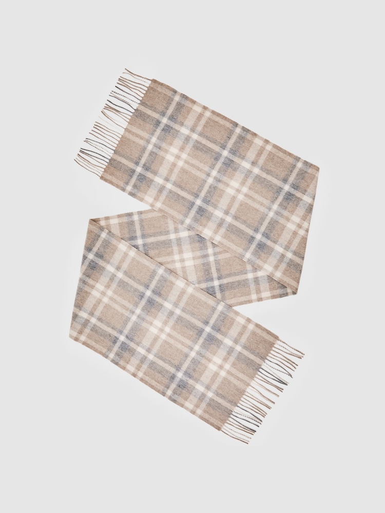 Reiss Oatmeal Multi Charis Wool-Cashmere Check Scarf - Image 1 of 5 Reiss Oatmeal Multi Charis Wool-Cashmere Check Scarf - Image 1 of 5