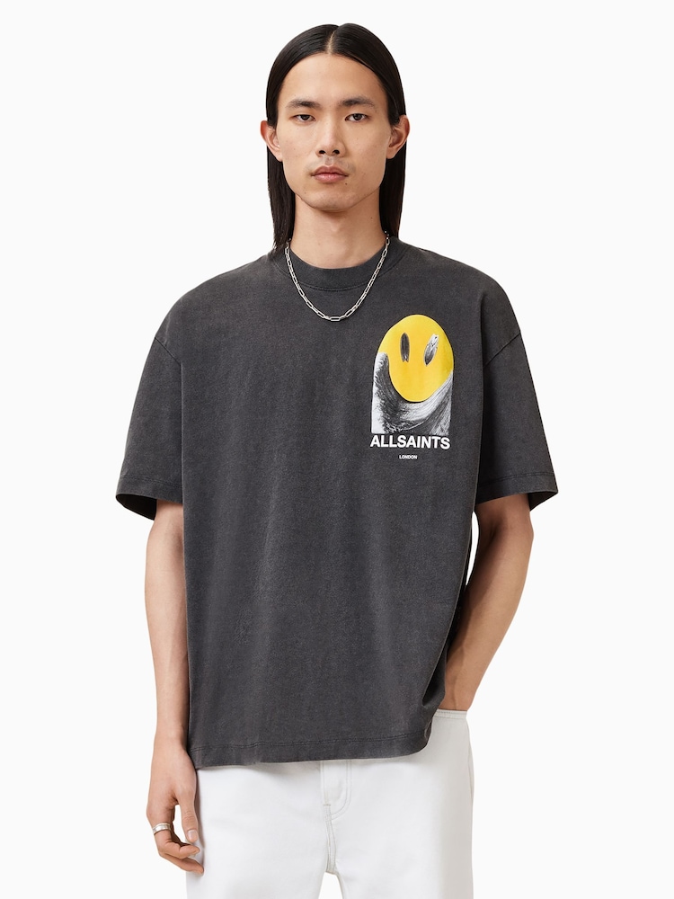 AllSaints Black 100% Organic Cotton Party Wave Crew T-Shirt - Image 1 of 7