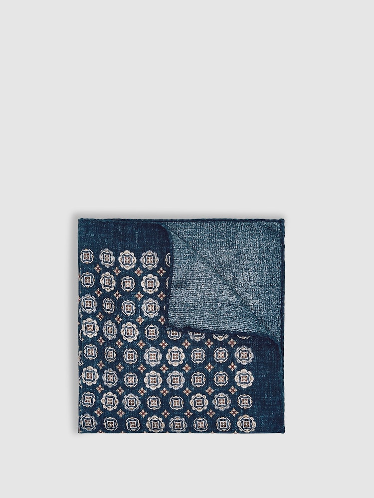 Reiss Indigo Melange Sabino Silk Medallion Print Pocket Square - Image 1 of 4