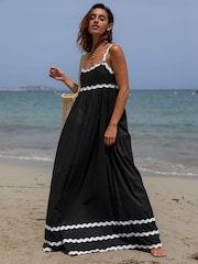 South Beach Black Monochrome Cotton Ric Rac Detail Maxi Dress - Image 1 of 6