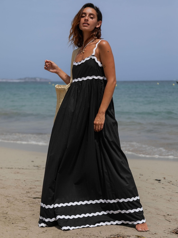 South Beach Black Monochrome Cotton Ric Rac Detail Maxi Dress - Image 1 of 6