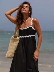 South Beach Black Monochrome Cotton Ric Rac Detail Maxi Dress - Image 2 of 6