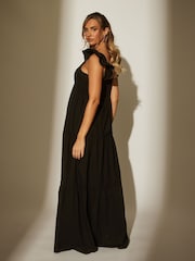 South Beach Black 100% Cotton Frill Sleeve Tiered Maxi Dress - Image 2 of 4
