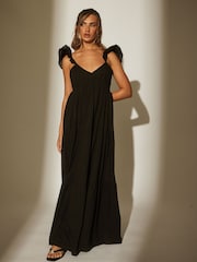 South Beach Black 100% Cotton Frill Sleeve Tiered Maxi Dress - Image 3 of 4