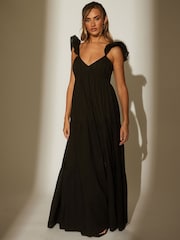 South Beach Black 100% Cotton Frill Sleeve Tiered Maxi Dress - Image 5 of 6