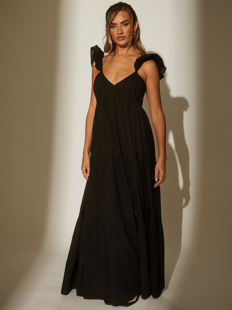 South Beach Black 100% Cotton Frill Sleeve Tiered Maxi Dress - Image 5 of 5
