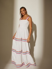 South Beach White 100% Cotton Ric Rac Shirred Tiered Maxi Dress - Image 1 of 4