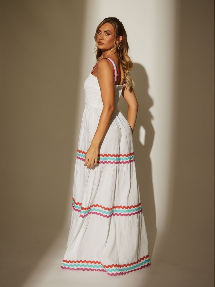 South Beach White 100% Cotton Ric Rac Shirred Tiered Maxi Dress - Image 2 of 4