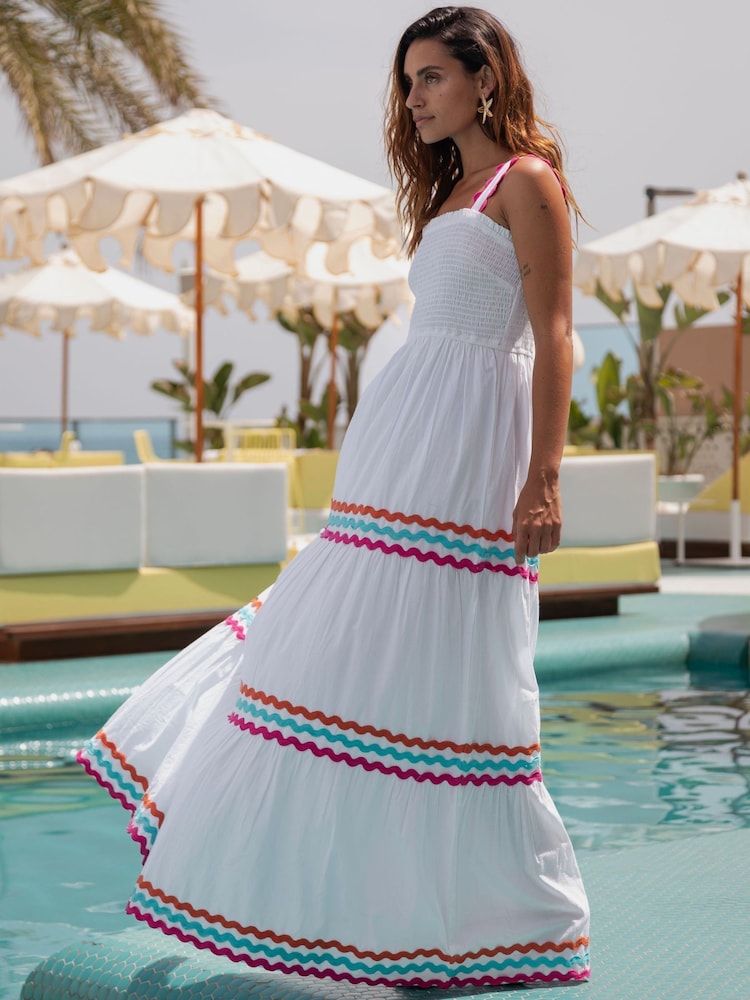 South Beach White Cotton Multi Ric Rac Shirred Tiered Maxi Dress - Image 2 of 6 South Beach White Cotton Multi Ric Rac Shirred Tiered Maxi Dress - Image 2 of 6