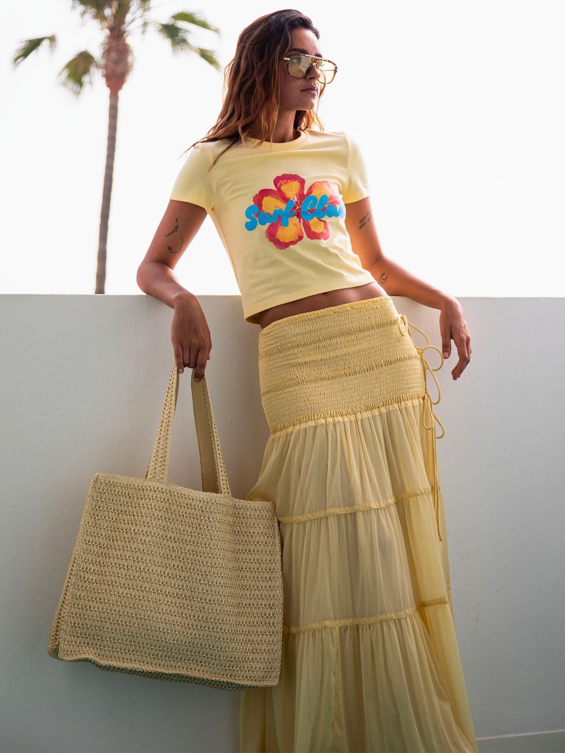 South Beach Butter Yellow Tiered Contrast Maxi Skirt