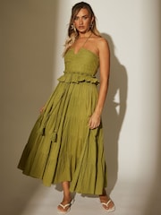 South Beach Green 100% Cotton Metallic Halter Tie Tiered Dress - Image 4 of 6