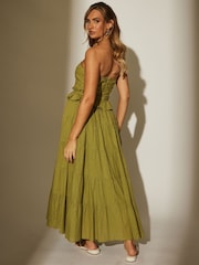 South Beach Green 100% Cotton Metallic Halter Tie Tiered Dress - Image 5 of 6