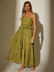 South Beach Green 100% Cotton Metallic Halter Tie Tiered Dress - Image 6 of 6