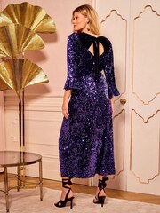 Love & Roses Purple Sequin Flute Sleeve Midi Dress - Image 4 of 4