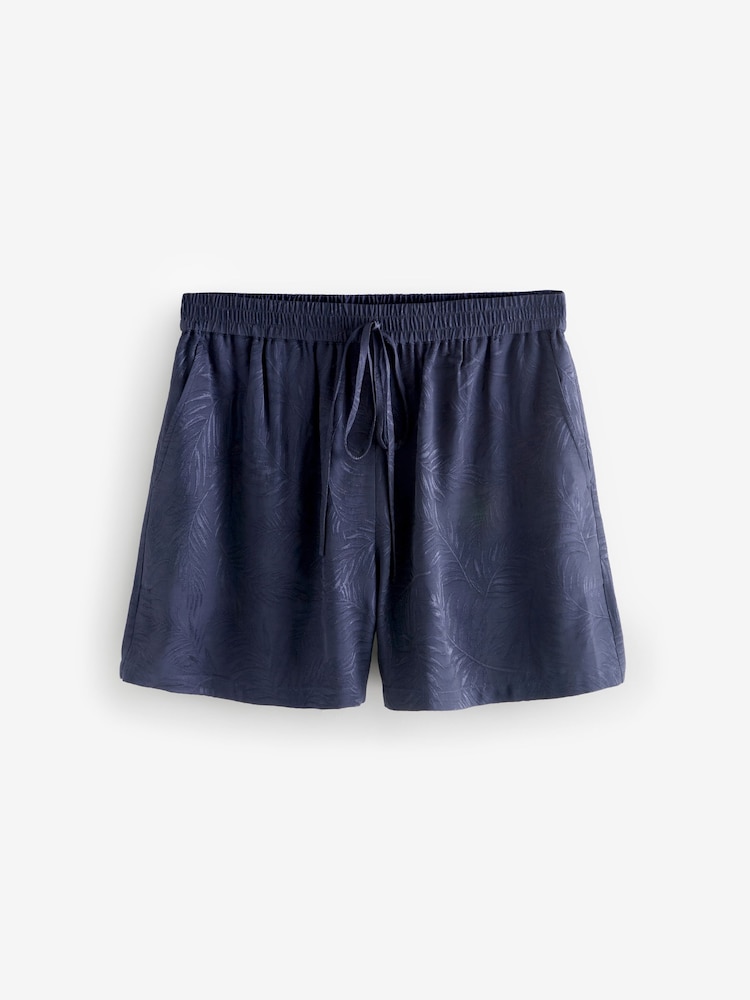 Navy Blue Tie Waist Leaf Print Shorts - Image 1 of 1