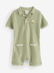 River Island Green Baby Boys Textured Bear 100% Cotton Romper - Image 1 of 4