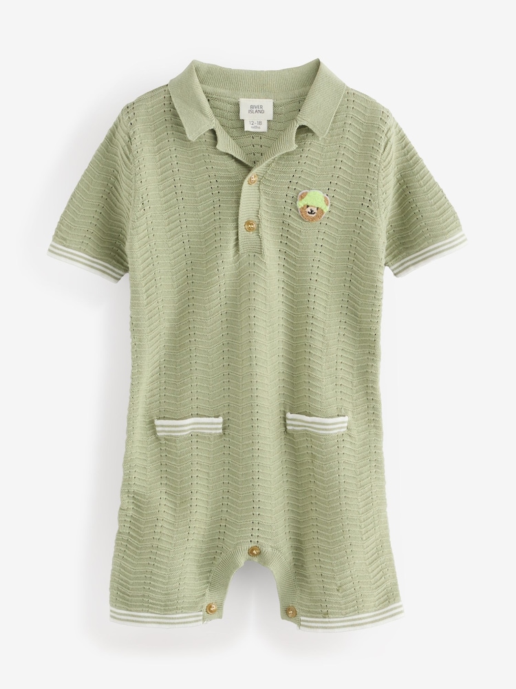 River Island Green Baby Boys Textured Bear 100% Cotton Romper - Image 1 of 4
