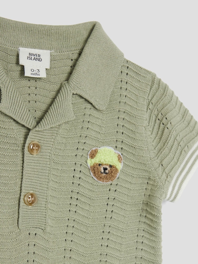 River Island Green Textured Bear 100% Cotton Romper - Image 2 of 3