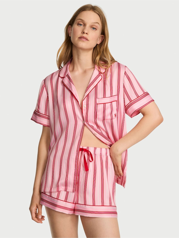 Victoria's Secret Red Festive Stripe Satin Short Pyjamas Set - Image 1 of 2 Victoria's Secret Red Festive Stripe Satin Short Pyjamas Set - Image 1 of 2