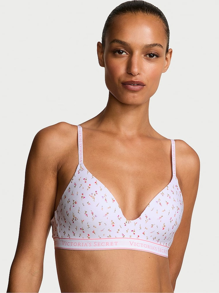 Victoria's Secret White Ditsy Lightly Lined Non Wired Cotton Logo Bra - Image 1 of 3