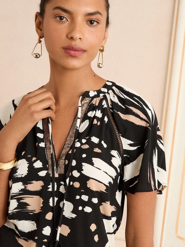 Love & Roses Animal Black/White Sequin V-Neck Blouse - Image 2 of 4