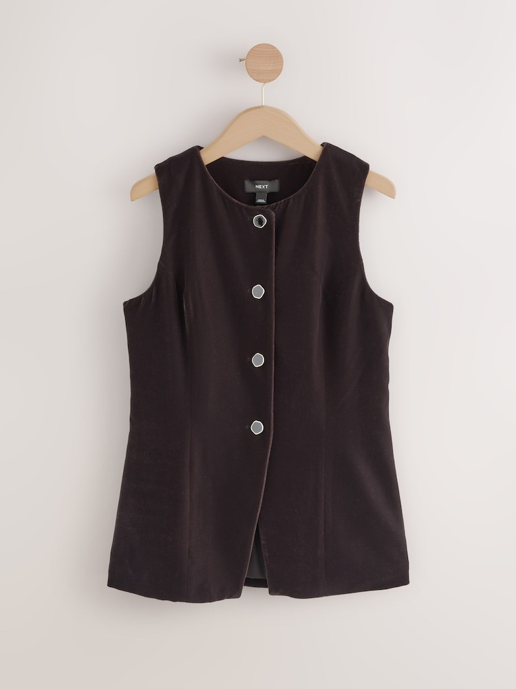 Chocolate Brown Matte Velvet Crew Neck Button Through Waistcoat - Image 1 of 3 Chocolate Brown Matte Velvet Crew Neck Button Through Waistcoat - Image 1 of 3