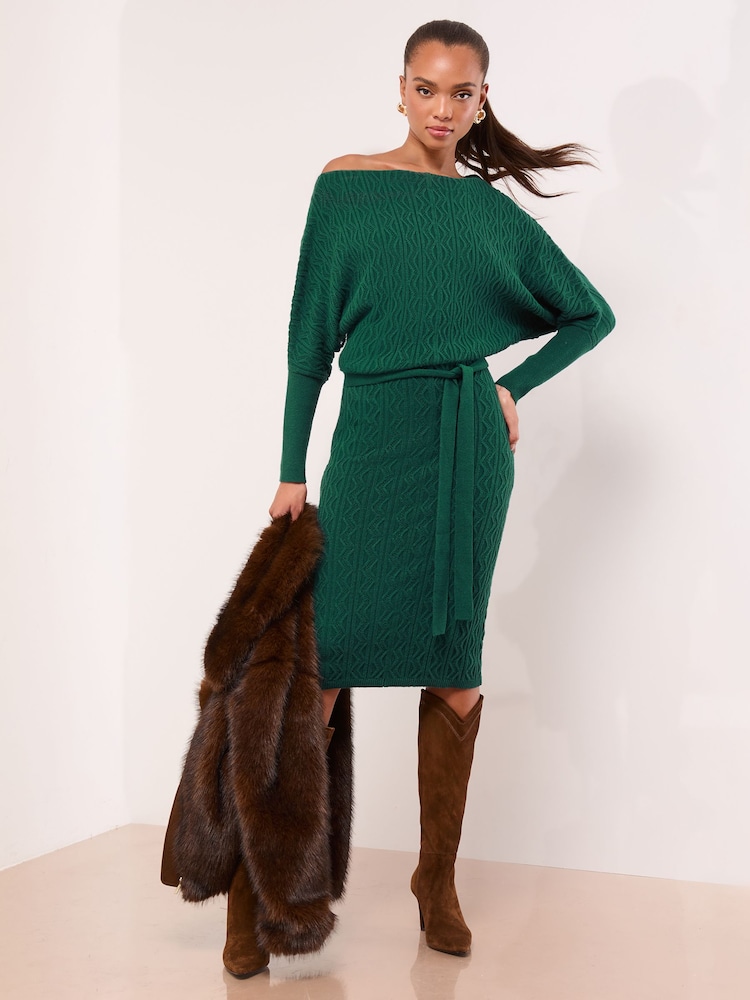 Lipsy Dark Green Petite Slash Neck Belted Blouson Cable Knitted Midi Dress - Image 1 of 4 Lipsy Dark Green Petite Slash Neck Belted Blouson Cable Knitted Midi Dress - Image 1 of 4