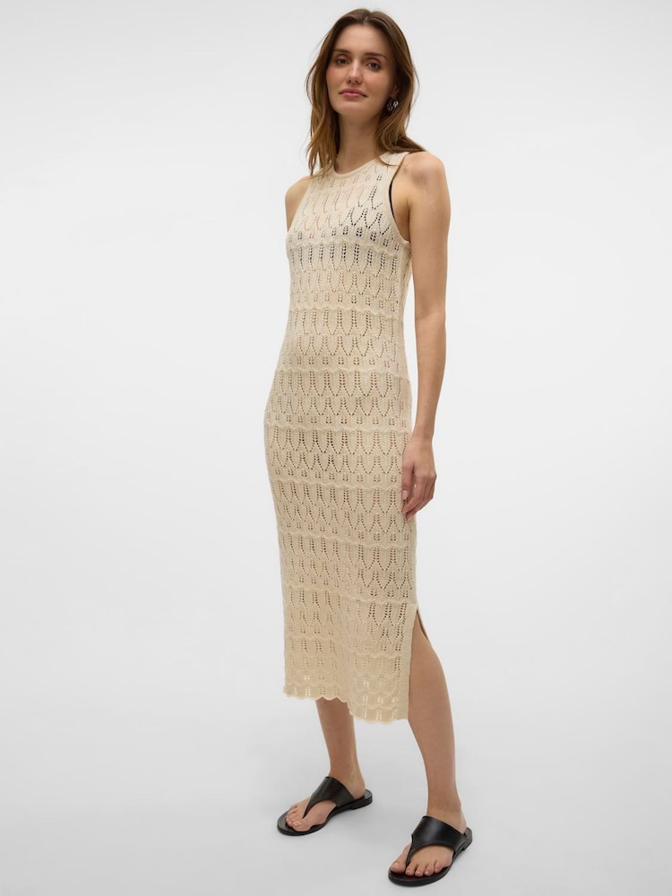 VERO MODA Cream Sleeveless Calf Length Knitted Crochet Dress - Image 1 of 5