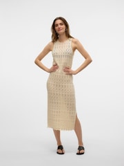 VERO MODA Cream Sleeveless Calf Length Knitted Crochet Dress - Image 3 of 5