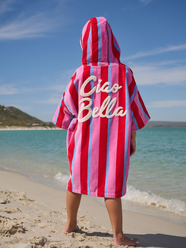 Pink/Red Stripe Slogan Towelling Poncho (3-16yrs) - Image 1 of 4