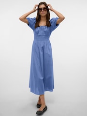 VERO MODA Blue Puff Sleeve Square Neck Shirred 100% Cotton Maxi Dress - Image 1 of 5