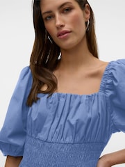 VERO MODA Blue Puff Sleeve Square Neck Shirred 100% Cotton Maxi Dress - Image 2 of 5