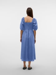 VERO MODA Blue Puff Sleeve Square Neck Shirred 100% Cotton Maxi Dress - Image 3 of 5