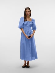 VERO MODA Blue Puff Sleeve Square Neck Shirred 100% Cotton Maxi Dress - Image 4 of 5