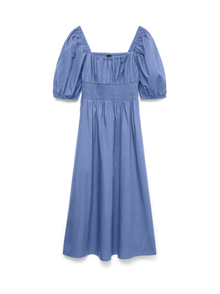 VERO MODA Blue Puff Sleeve Square Neck Shirred 100% Cotton Maxi Dress - Image 5 of 5