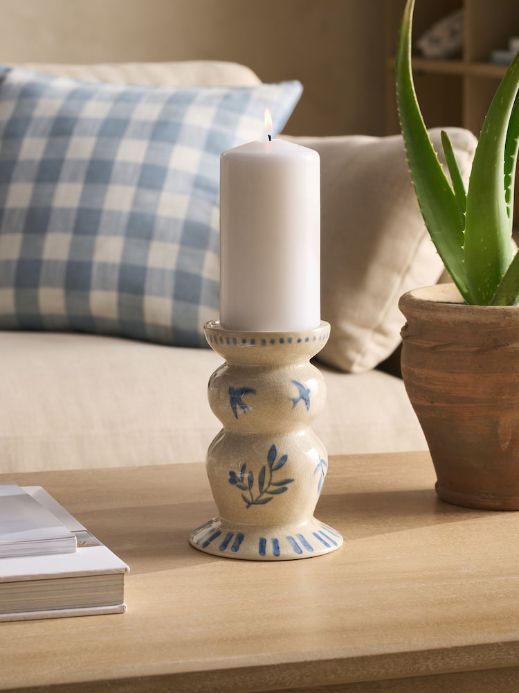 White/Blue Coastal Ceramic Pillar Candle Holder - Image 1 of 4