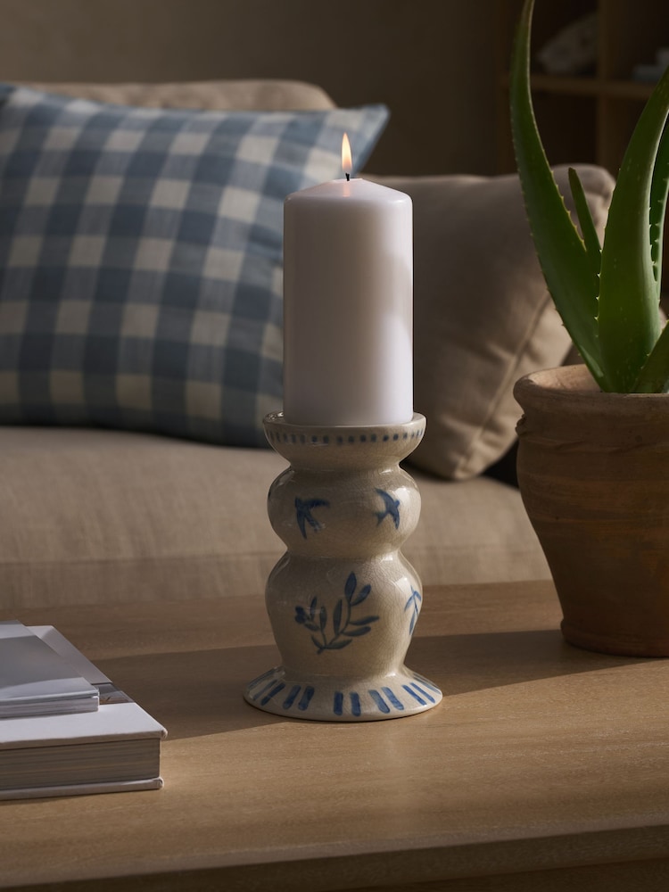 White/Blue Coastal Ceramic Pillar Candle Holder - Image 2 of 4