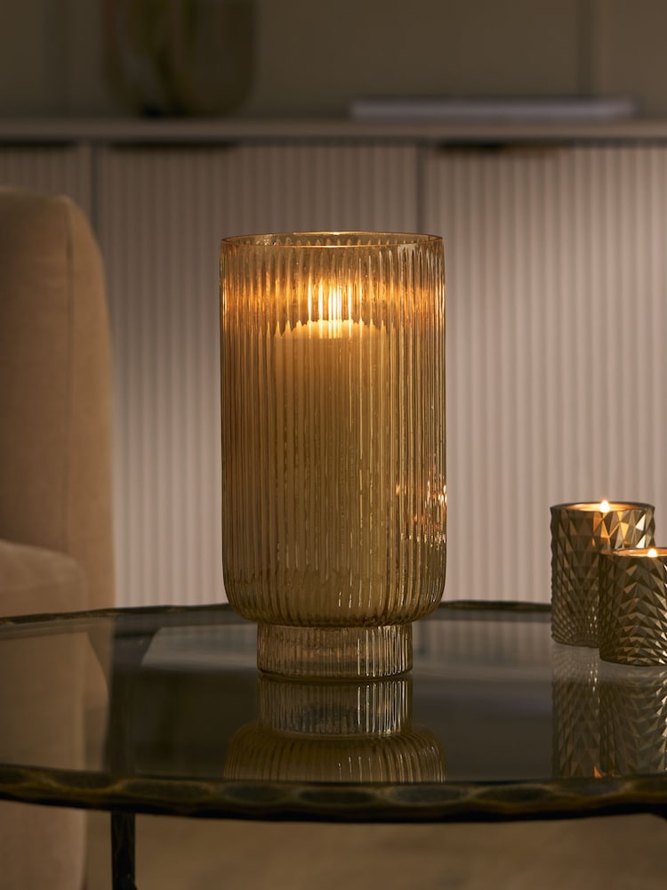 Gold Ribbed Glass Hurricane Candle Holder - Image 2 of 4 Gold Ribbed Glass Hurricane Candle Holder - Image 2 of 4