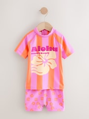 Pink/Orange Stripe Hibiscus Short Sleeved Sunsafe Swim Set (3mths-10yrs) - Image 1 of 4