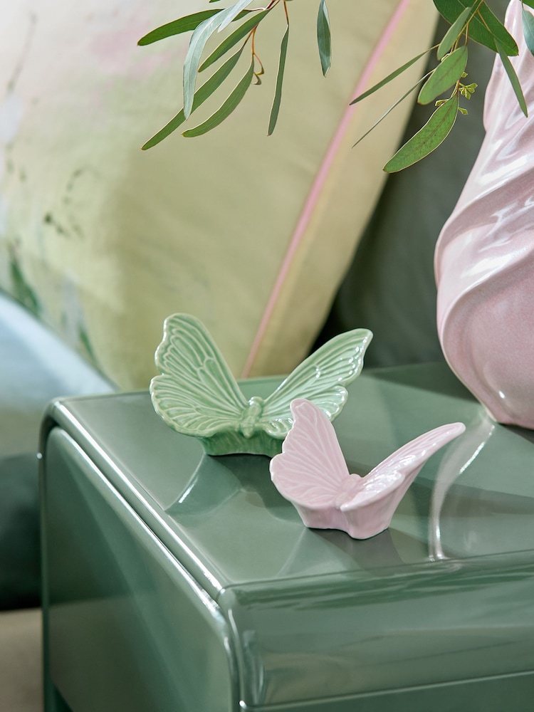 Set of 2 Pink/Green Ceramic Butterfly Ornaments - Image 1 of 3 Set of 2 Pink/Green Ceramic Butterfly Ornaments - Image 1 of 3