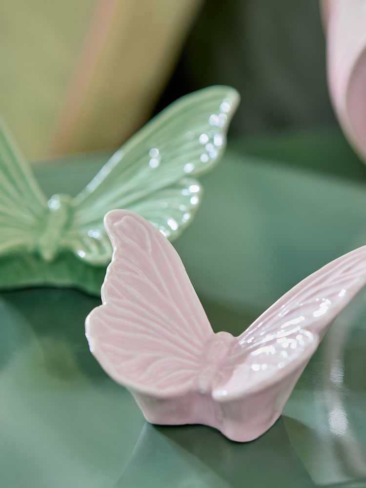 Set of 2 Pink/Green Ceramic Butterfly Ornaments - Image 2 of 3 Set of 2 Pink/Green Ceramic Butterfly Ornaments - Image 2 of 3