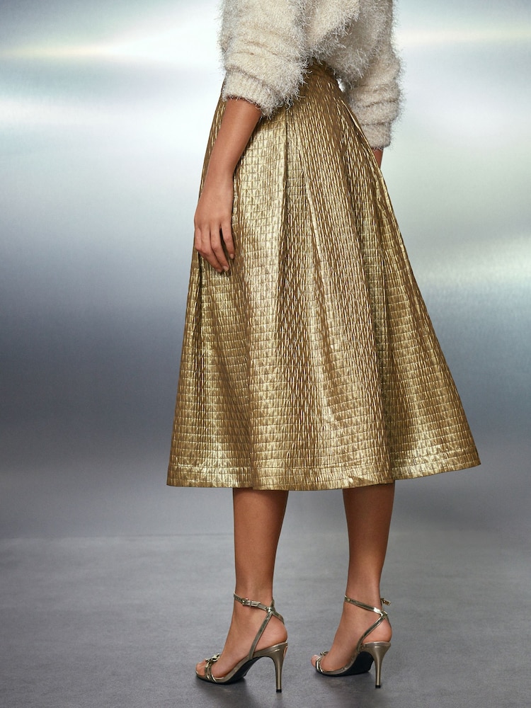 Midi Dress Warehouse Gold Foil Pleated Skirt Demetria Sleeveless Ruched  Front Midi Dress Gold Leaf Metallic