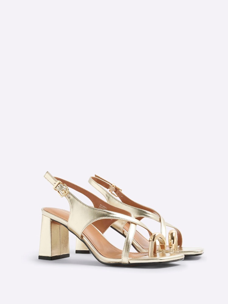River Island Gold Cross Strap Toe Clip Heeled Sandals - Image 1 of 5