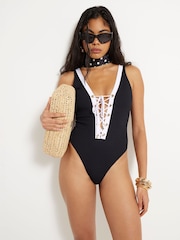 River Island Lace Up Textured Swimsuit - Image 1 of 4