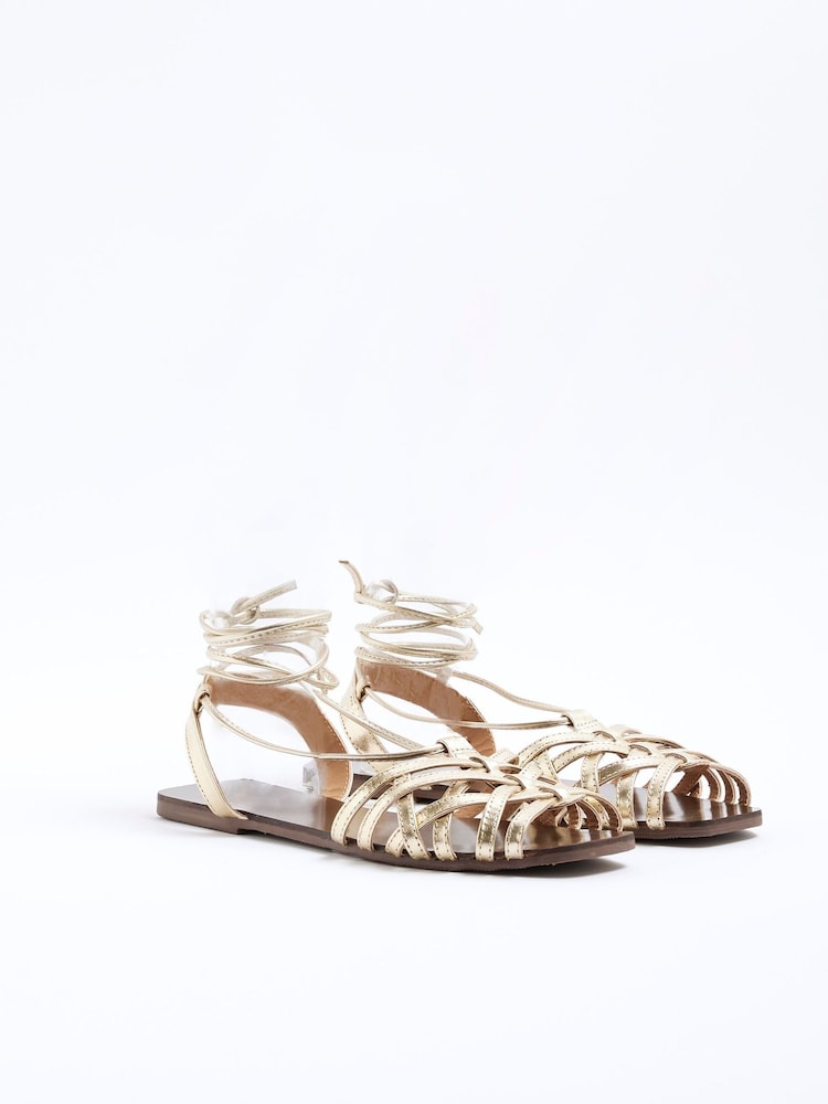 River Island Gold Leather Caged Tie Up Sandals - Image 2 of 6