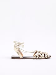 River Island Gold Leather Caged Tie Up Sandals - Image 3 of 6