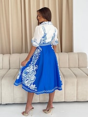 Girl In Mind Blue Holland Boarder Print Collar Midi Dress - Image 4 of 6
