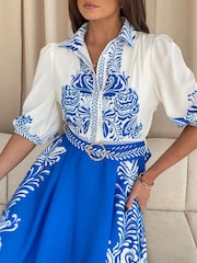Girl In Mind Blue Holland Boarder Print Collar Midi Dress - Image 5 of 6
