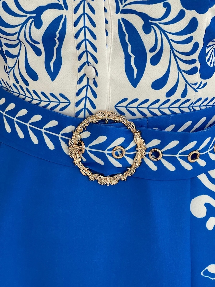 Girl In Mind Blue Holland Boarder Print Collar Midi Dress - Image 6 of 6